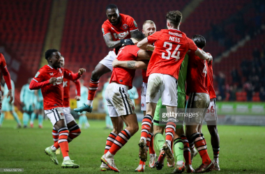 Charlton celebrating their win against Brighton following a penalty shootout in the Round of 16 of the Carabao Cup. (Photo by Tom West/MI News/NurPhoto via Getty Images)