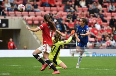 LEIGH, ENGLAND - SEPTEMBER 26: Jessie Fleming of Chelsea scores her team's sixth goal during the Barclays FA Women's Super League match between Manchester United Women and Chelsea FC Women at Leigh Sports Village on September 26, 2021 in Leigh, England. (Photo by Harriet Lander - Chelsea FC/Chelsea FC via Getty Images)
