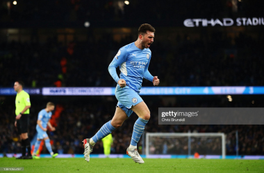 <div>MANCHESTER, ENGLAND - DECEMBER 26: Aymeric Laporte of Manchester City celebrates after scoring their side's fifth goal during the Premier League match between Manchester City and Leicester City at Etihad Stadium on December 26, 2021 in Manchester, England. (Photo by Chris Brunskill/Getty Images)</div>