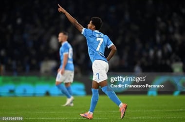David Neres of SSC Napoli celebrates after scoring his sides first goal during the Serie A match between SSC Napoli and Atalanta BC at Stadio Diego Armando Maradona on November 22, 2025 in Naples, Italy. (Photo by Francesco Pecoraro/Getty Images)