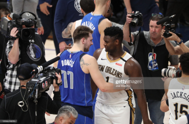 <div>DALLAS, TX - MARCH 4: Luka Doncic #77 of the Dallas Mavericks hugs Zion Williamson #1 of the New Orleans Pelicans after the game on March 4, 2020 at the American Airlines Center in Dallas, Texas. NOTE TO USER: User expressly acknowledges and agrees that, by downloading and or using this photograph, User is consenting to the terms and conditions of the Getty Images License Agreement. Mandatory Copyright Notice: Copyright 2020 NBAE (Photo by Joe Murphy/NBAE via Getty Images)</div><div><br></div>
