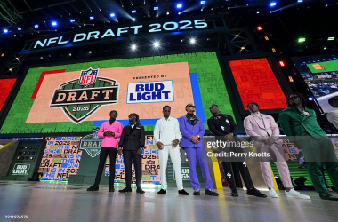 GREEN BAY, WISCONSIN - APRIL 24: Colorado cornerback and wide receiver Travis Hunter, Boise State running back Ashton Jeanty, Michigan defensive back Will Johnson, Arizona wide receiver Tetairoa McMillan, Alabama quarterback Jalen Milroe, Georgia defensive back Malaki Starks, and Texas A&M defensive lineman Shemar Stewart are introduced on stage during the first round of the 2025 NFL Draft on April 24, 2025 in Green Bay, Wisconsin. (Photo by Perry Knotts/Getty Images)