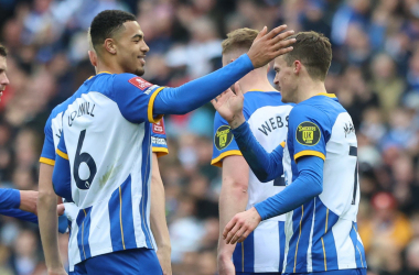 Colwill congratuling March after his goal. | Photo via Twitter, @OfficialBHAFC.