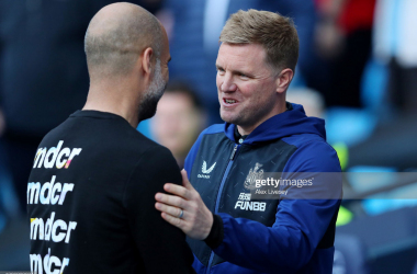 <div class="AssetCard-module__caption___nD2x1" data-testid="caption" style="box-sizing: inherit; padding-bottom: 14px;">MANCHESTER, ENGLAND - MAY 08: Pep Guardiola, Manager of Manchester City, shakes hands with Eddie Howe, Manager of Newcastle United, prior to kick off of the Premier League match between Manchester City and Newcastle United at Etihad Stadium on May 08, 2022 in Manchester, England. (Photo by Alex Livesey/Getty Images)</div>