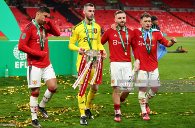 <span><font color="#080808" face="Lato, sans-serif"><span>Manchester United's Casemiro, David De&nbsp;Gea, Luke Shaw and Lisandro Martinez celebrate their EFL Cup triumph (Photo by Marc Atkins/Getty Images)</span></font></span>