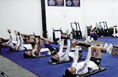 Los jugadores de Boca entrenaron en el gimnasio del predio de Ezeiza (foto: redes oficiales de Boca)