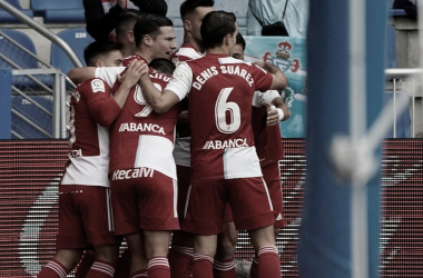 Los jugadores del Celta celebrando el gol de Santi Mina. | Foto: La Liga.