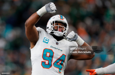 <span style="color: rgb(8, 8, 8); font-family: Lato, sans-serif; font-size: 14px; font-style: normal; text-align: start; background-color: rgb(255, 255, 255);">Defensive tackle Christian Wilkins #94 of the Miami Dolphins celebrates his sack of quarterback Tim Boyle #7 of the New York Jets during a game at MetLife Stadium on November 24, 2023 in East Rutherford, New Jersey. (Photo by Rich Schultz/Getty Images)</span>