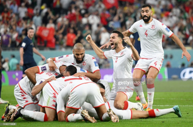 Wahbi Khazri celebrates giving Tunisia the lead against France (Photo by Clive Mason/Getty Images).