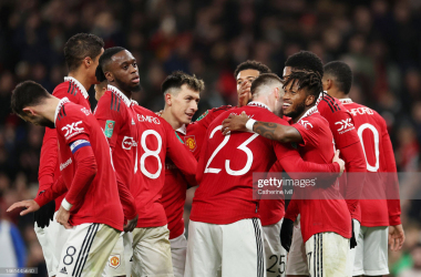 The United players celebrate after scoring their second goal.&nbsp;(Photo by Catherine Ivill/Getty Images)