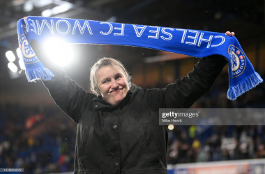 &nbsp;Emma Hayes, Manager of Chelsea, celebrates victory following the UEFA Women's Champions League quarter-final 2nd leg match between Chelsea FC and Olympique Lyonnais at Stamford Bridge on March 30, 2023 in London, England. (Photo by Mike Hewitt/Getty Images)