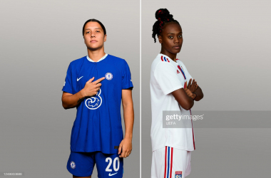 In this composite image, a comparison has been made between (L-R) Sam Kerr of Chelsea FC and Melvine Malard of Olympique Lyonnais, who are posing during the UEFA Womens Champions League Access day 2022. (Photo by UEFA/UEFA via Getty Images)