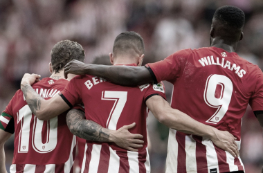 Muniain, Berenguer y Williams celebrando el 1-0 | Fuente: Cuenta oficial del Athletic en Twitter