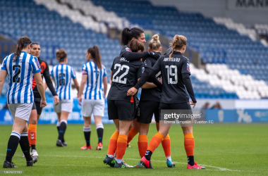 HUDDERSFIELD, ENGLAND - JANUARY 30: Valerie Gauvin of Everton celebrates scoring her teams third goal with team mates during the Vitality Women's FA Cup match between Huddersfield Town and Everton on January 30, 2022 in Huddersfield, England. (Photo by Emma Simpson - Everton FC/Everton FC via Getty Images)