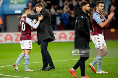 Steven Gerrard talking to Emi Buendia after the victory against Brighton/Neville Williams Getty Images