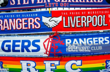 <span>GLASGOW, SCOTLAND - DECEMBER 26: Rangers Scarves during the Ladbrokes Premiership match between Rangers and Kilmarnock at Ibrox on December 26, 2019 in Glasgow, Scotland. (Photo by Bill Murray / SNS Group via Getty Images)</span>