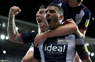 Karlan Grant celebrates victory against QPR - Photo by Adam Fradgley/West Bromwich Albion FC via Getty Images