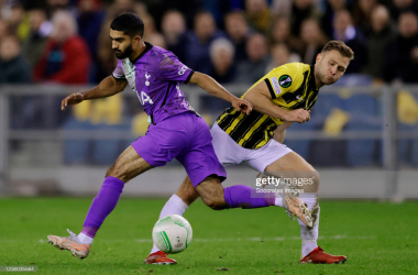 ARNHEM, NETHERLANDS - OCTOBER 21: (L-R) Dilan Markanday of Tottenham Hotspur, Sondre Tronstad of Vitesse during the Conference League match between Vitesse v Tottenham Hotspur at the GelreDome on October 21, 2021 in Arnhem Netherlands (Photo by Rico Brouwer/Soccrates/Getty Images)