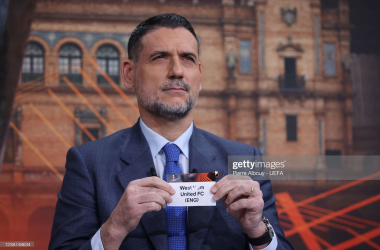 NYON, SWITZERLAND - FEBRUARY 25: Special guest Andrés Palop draws out the card of West Ham United FC during the UEFA Europa League 2021/22 Round of 16 Draw at the UEFA headquarters, The House of European Football, on February 25, 2022, in Nyon, Switzerland. (Photo by Pierre Albouy - UEFA/UEFA via Getty Images)