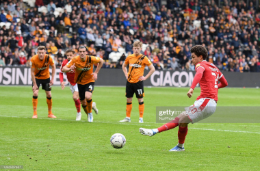 <span style="color: rgb(8, 8, 8); font-family: Lato, sans-serif; font-size: 14px; font-style: normal; text-align: start; background-color: rgb(255, 255, 255);">Brennan Johnson of Nottingham Forest scores from the penalty spot to make it 0-1 during the Sky Bet Championship match between Hull City and Nottingham Forest at the KC Stadium, Kingston upon Hull on Saturday 7th May 2022. (Photo by Jon Hobley/MI News/NurPhoto via Getty Images)</span>