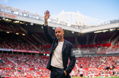 Erik ten Hag waves to the crowd prior to the pre-season friendly between Manchester United and Rayo Vallecano at Old Trafford. (Photo by Ash Donelon/Manchester United via Getty Images)