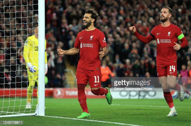 Mohamed Salah celebrates after scoring Liverpool's second goal in their 2-0 Champions League win over Rangers at Anfield: Simon Stacpoole/Offside/Offside via Getty Images