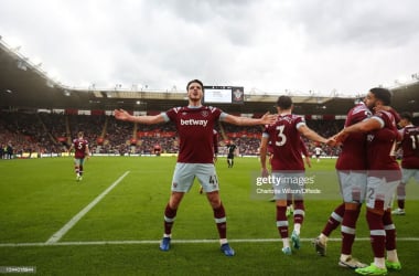 Declan Rice celebrates his leveling goal in front of the away support at St Mary's. Charlotte Wilson/Offside/Getty Images.