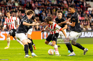 Arsenal players surround Xavi Simons during their 2-0 defeat to PSV in October 2022.&nbsp;Photo by ProShots/Icon Sport via Getty Images