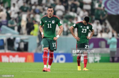 Rogelio Funes Mori (l.) and Jesus Gallardo (r.) react after Mexico were eliminated from the 2022 World Cup/Photo: Harry Langer/DeFodi Images via Getty Images