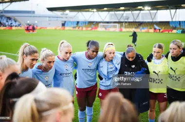 MANCHESTER, ENGLAND - DECEMBER 04: Manchester City's Lauren Hemp, Laia 
Aleixandri, Laura Coombs, Alex Greenwood, Khadija Shaw, Chloe Kelly, 
Khiara Keating, Ruby Mace and Alanna Kennedy during the FA Women's Super
 League match between Manchester City and Brighton & Hove Albion at 
The Academy Stadium on December 4, 2022 in Manchester, United Kingdom. 
(Photo by Tom Flathers/Manchester City FC via Getty Images)