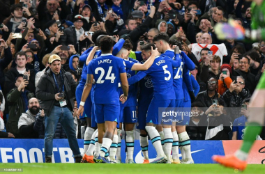 Chelsea's players celebrate with Joao Felix after his opening goal. | Credit NurPhoto via Getty Images