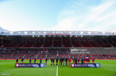 <span style="caret-color: rgb(0, 0, 0); color: rgb(0, 0, 0); font-family: -webkit-standard; font-size: medium; font-style: normal; text-align: start;">A general view of Old Trafford, home stadium of Manchester United as both teams shake hands during the FA Women's Super League match between Manchester United and West Ham United at Old Trafford on March 25, 2023 in Manchester, United Kingdom. (Photo by Robbie Jay Barratt - AMA/Getty Images)​​​​​​​</span>
