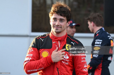 <div>Ferrari's Monegasque driver Charles Leclerc reacts after taking the pole position after the qualifying session for the Formula One Azerbaijan Grand Prix at the Baku City Circuit in Baku on April 28, 2023. (Photo by NATALIA KOLESNIKOVA / AFP) (Photo by NATALIA KOLESNIKOVA/AFP via Getty Images)</div>