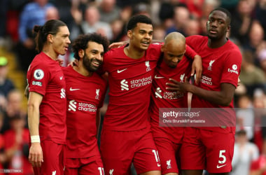 Liverpool players celebrating with Mohammed Salah after his first-half goal (Image by Chris Brunskill/Getty Images)