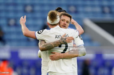 LEICESTER, ENGLAND - JANUARY 31: Liam Cooper of Leeds United celebrates victory with team mate Luke Ayling following the Premier League match between Leicester City and Leeds United