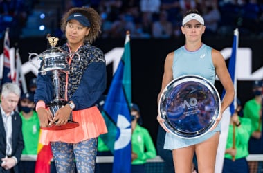 Osaka and Jennifer Brady during last year's trophy ceremony (Andy Cheung/Getty Images)