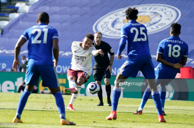 <div><div>LEICESTER, ENGLAND - FEBRUARY 28: Pierre-Emerick Aubameyang of Arsenal shoots during the Premier League match between Leicester City and Arsenal at The King Power Stadium on February 28, 2021 in Leicester, England. Sporting stadiums around the UK remain under strict restrictions due to the Coronavirus Pandemic as Government social distancing laws prohibit fans inside venues resulting in games being played behind closed doors. (Photo by Tim Keeton - Pool/Getty Images)</div></div>