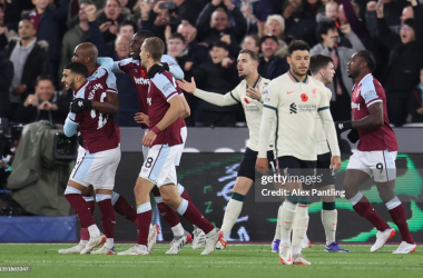 West Ham celebrate a goal against Liverpool in 2021 (Photo by Alex Pantling/Getty Images)