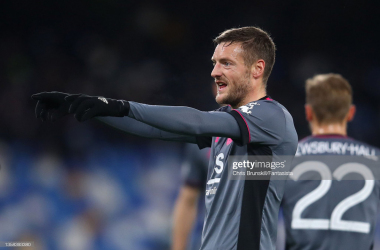 NAPLES, ITALY - DECEMBER 09: Jamie Vardy of Leicester City gestures during the UEFA Europa League group C match between SSC Napoli and Leicester City at Stadio Diego Armando Maradona on December 09, 2021 in Naples, Italy. (Photo by Chris Brunskill/Fantasista/Getty Images)