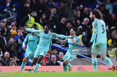 LONDON, ENGLAND - DECEMBER 29: Danny Welbeck of Brighton & Hove Albion celebrates after scoring their sides first goal during the Premier League match between Chelsea and Brighton & Hove Albion at Stamford Bridge on December 29, 2021 in London, England. (Photo by Justin Setterfield/Getty Images)