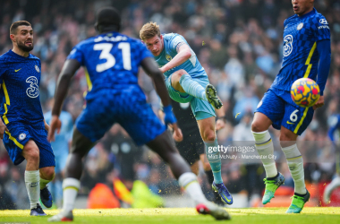 <b>A Class Apart: </b>De Bruyne curls in the winner for Manchester City. Image credit: Matt McNulty via Getty Images