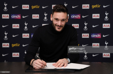 ENFIELD, ENGLAND - JANUARY 21: Hugo Lloris of Tottenham Hotspur poses for a photo as he signs an extension to his contract, at Tottenham Hotspur Training Centre on January 21, 2022 in Enfield, England. (Photo by Tottenham Hotspur FC/Tottenham Hotspur FC via Getty Images) (EDITORS NOTE: Image has been digitally enhanced.)
