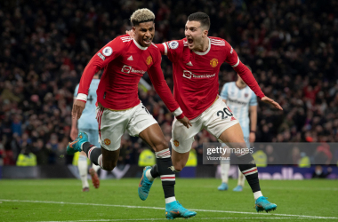 <div>Manchester United v West Ham United - Premier League</div><div>MANCHESTER, ENGLAND - JANUARY 22: Marcus Rashford of Manchester United celebrates scoring with team mate Diogo Dalot during the Premier League match between Manchester United and West Ham United at Old Trafford on January 22, 2022 in Manchester, England. (Photo by Visionhaus/Getty Images)</div>