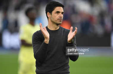 <span style="color: rgb(8, 8, 8); font-family: Lato, sans-serif; font-size: 14px; font-style: normal; text-align: start; background-color: rgb(255, 255, 255);">Arsenal manager Mikel Arteta applauds the Arsenal fans after the Premier League match between West Ham United and Arsenal at London Stadium on May 01, 2022 in London, England. (Photo by Stuart MacFarlane/Arsenal FC via Getty Images)</span>