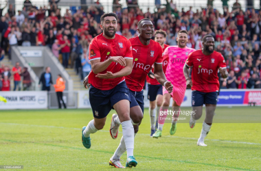 York winger Maziar Kouhyar celebrates scoring in the 2021/22 promotion final&nbsp;(Photo by Emma Simpson/Getty Images)