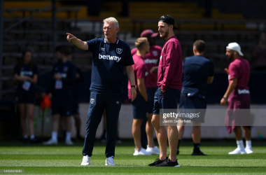 West Ham United manager David Moyes with new club captain Declan Rice ahead of friendly with Luton Town | Photo by Justin Setterfield/Getty Images