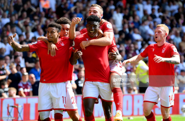 Nottingham Forest celebrate Taiwo Awoniyi's match-winning goal/Photo: Michael Regan/Getty Images