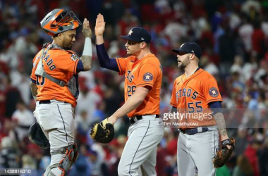 Martin Maldonado (l.), Trey Mancini (c.) and Ryan Pressly (r.) celebrate after the Astros Game 5 victory/Photo: Tim Nwachukwu/Getty Images