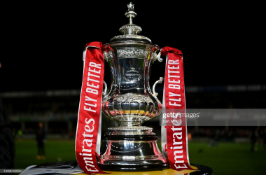 <div>HEREFORD, ENGLAND - NOVEMBER 04: A detailed view of the Trophy prior to the FA Cup First Round match between Hereford FC and Portsmouth FC at Edgar Street Athletic Ground on November 04, 2022 in Hereford, England. (Photo by Dan Mullan/Getty Images)</div>