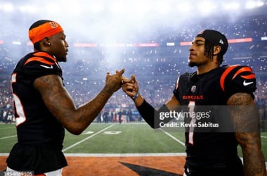Tee Higgins (left) and Ja'Marr Chase (right) hitting their routine pregame handshake.